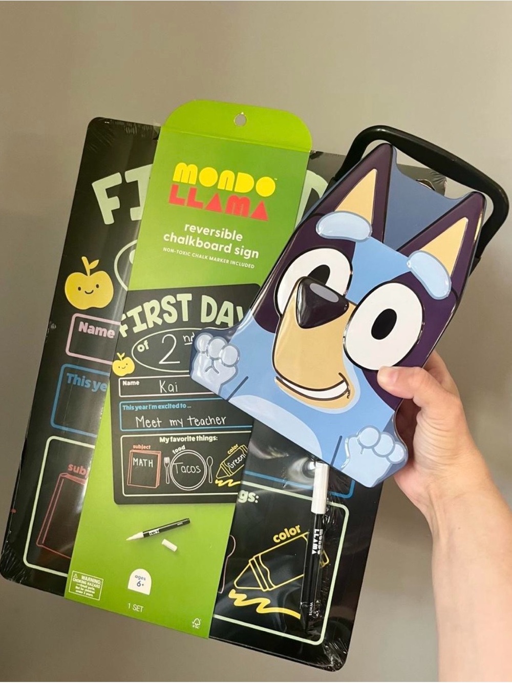 First Day of School Reversible Chalkboard Sign + Bluey Carry All Tin